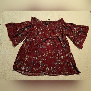 Zenobia women's size 3XL burgundy smocked top & short bell sleeve, floral NWT